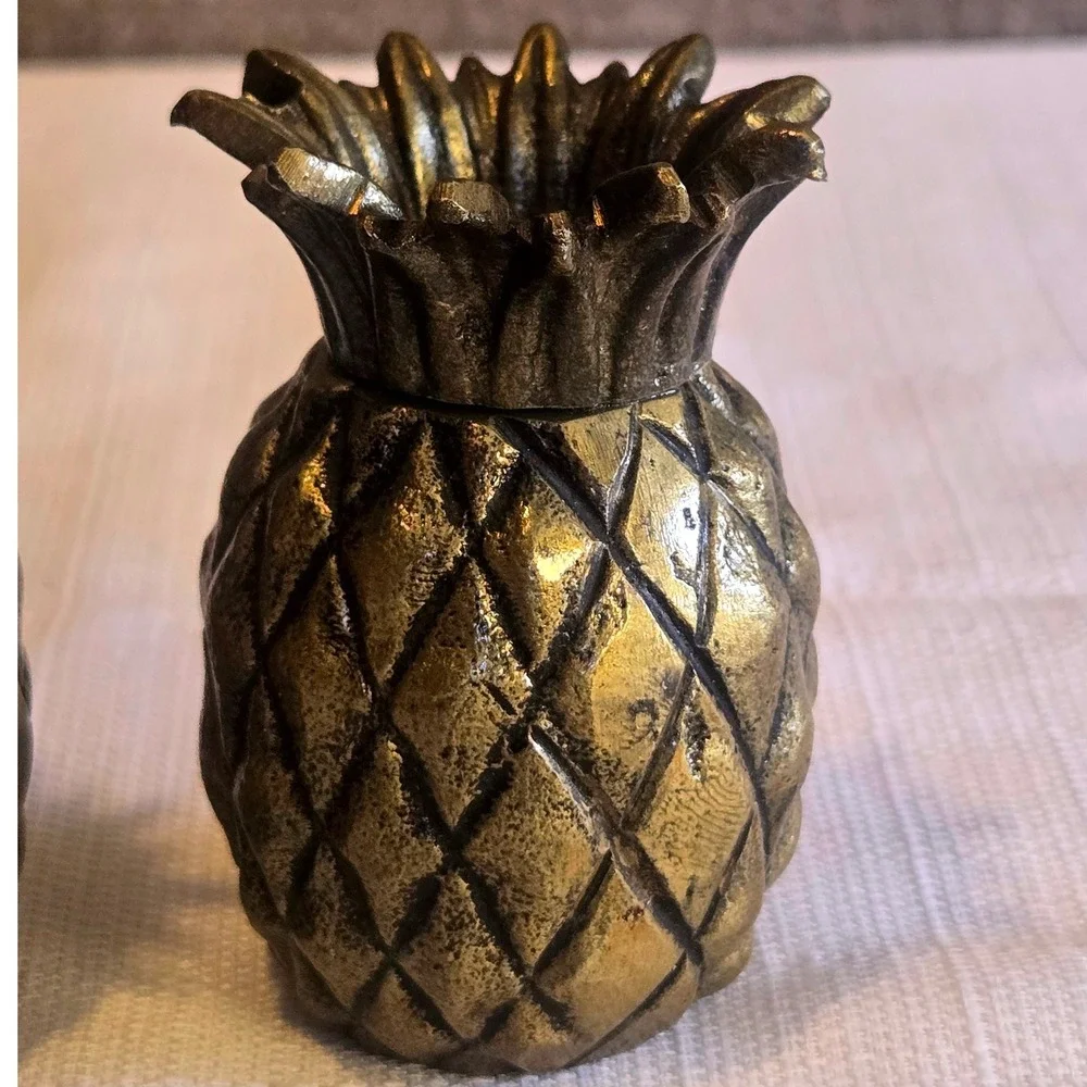 Vintage Brass Style Pineapple Salt and Pepper Shakers Set Tropical Coastal Decor